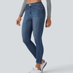 2 Halara Flex Mid Low Rise Zipper Pockets Casual Skinny Jeans (1 Blue + 1 Black)